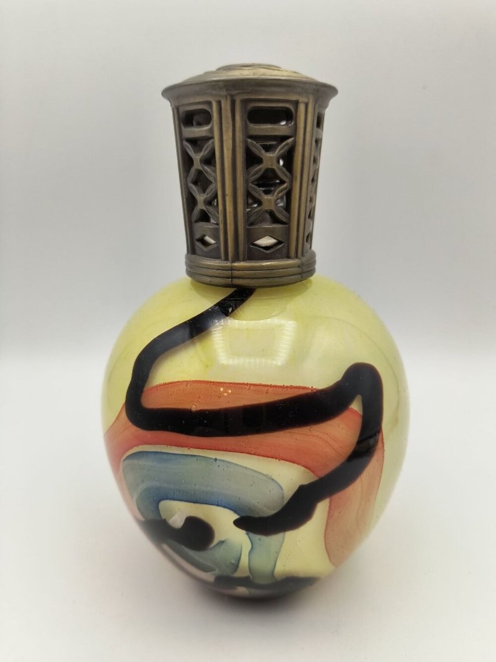 Hand-Blown Glass Fragrance Lamp With Abstract Multicolor Swirls Metal Crown Top